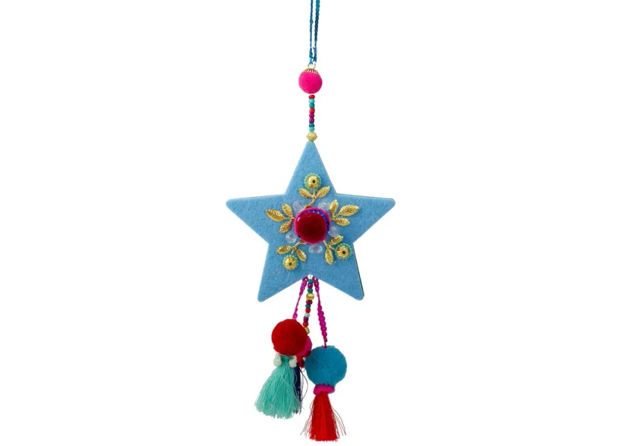 11" Blue and Red Star with Pom Pom Christmas Ornament