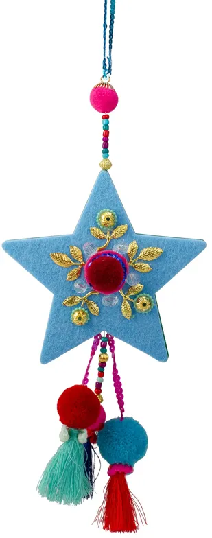 11" Blue and Red Star with Pom Pom Christmas Ornament