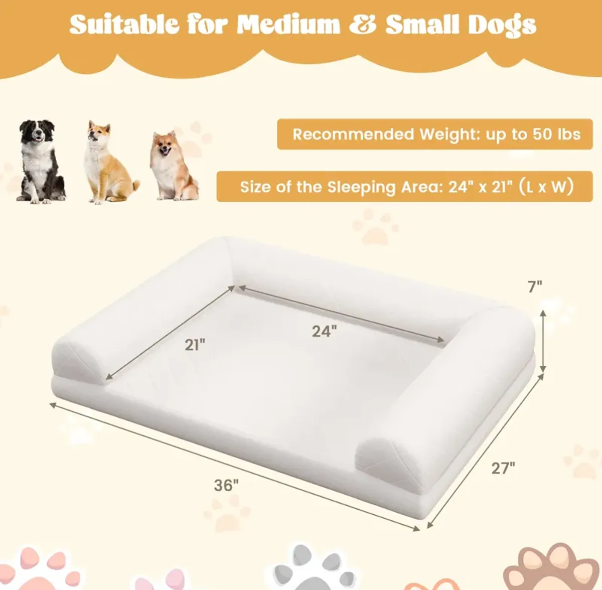 Egg-Foam Dog Crate Bed with 3-Side Bolster and Removable Washable Bed Cover