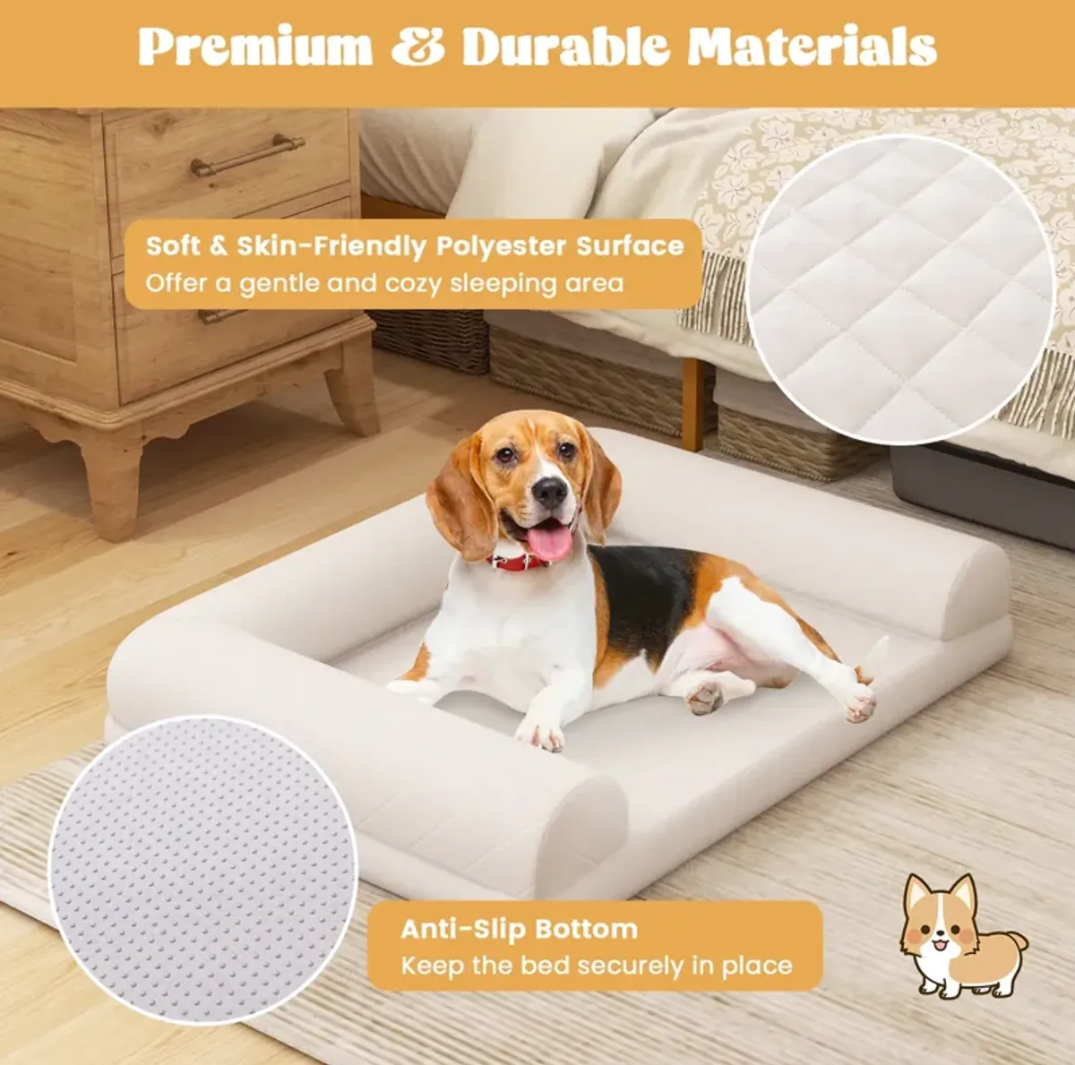 Egg-Foam Dog Crate Bed with 3-Side Bolster and Removable Washable Bed Cover