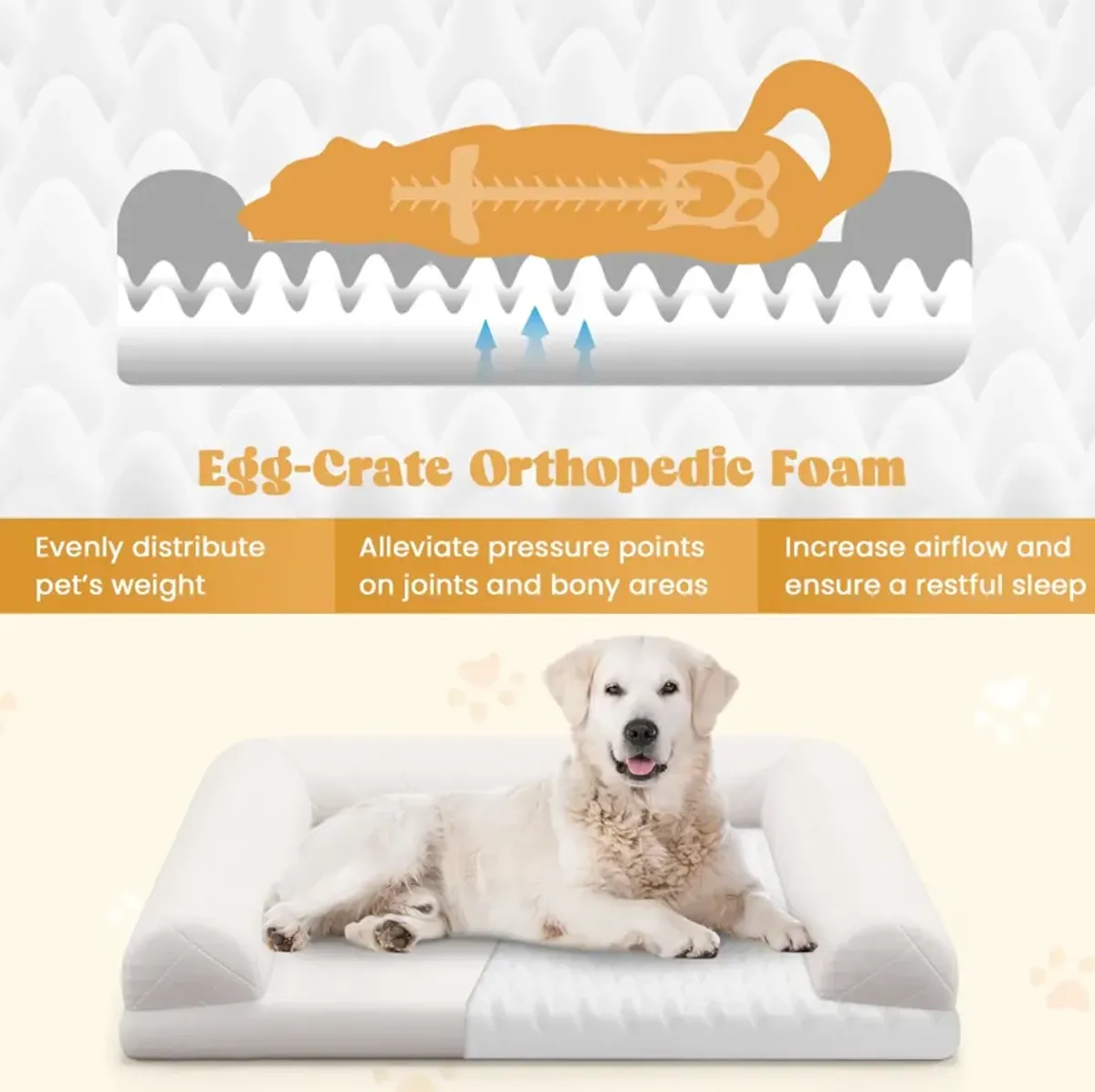 Egg-Foam Dog Crate Bed with 3-Side Bolster and Removable Washable Bed Cover