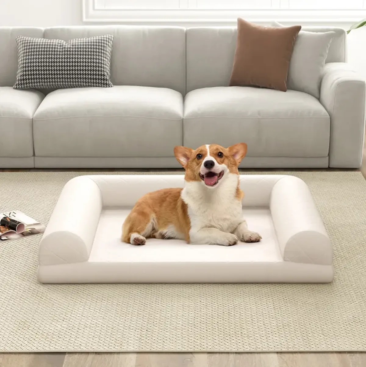 Egg-Foam Dog Crate Bed with 3-Side Bolster and Removable Washable Bed Cover