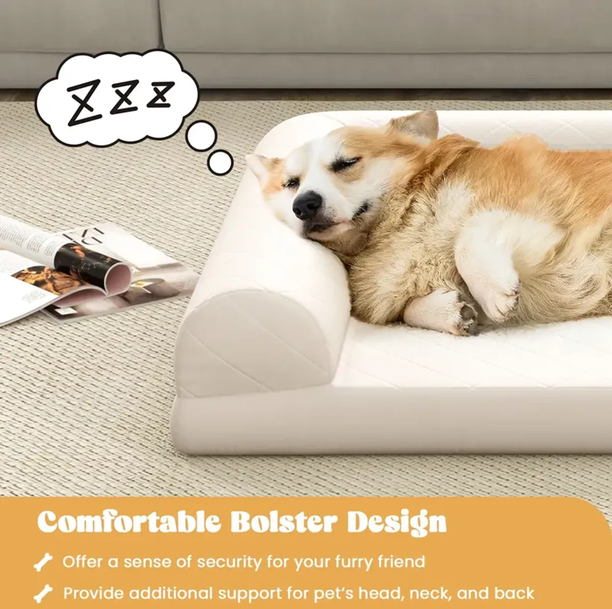 Egg-Foam Dog Crate Bed with 3-Side Bolster and Removable Washable Bed Cover