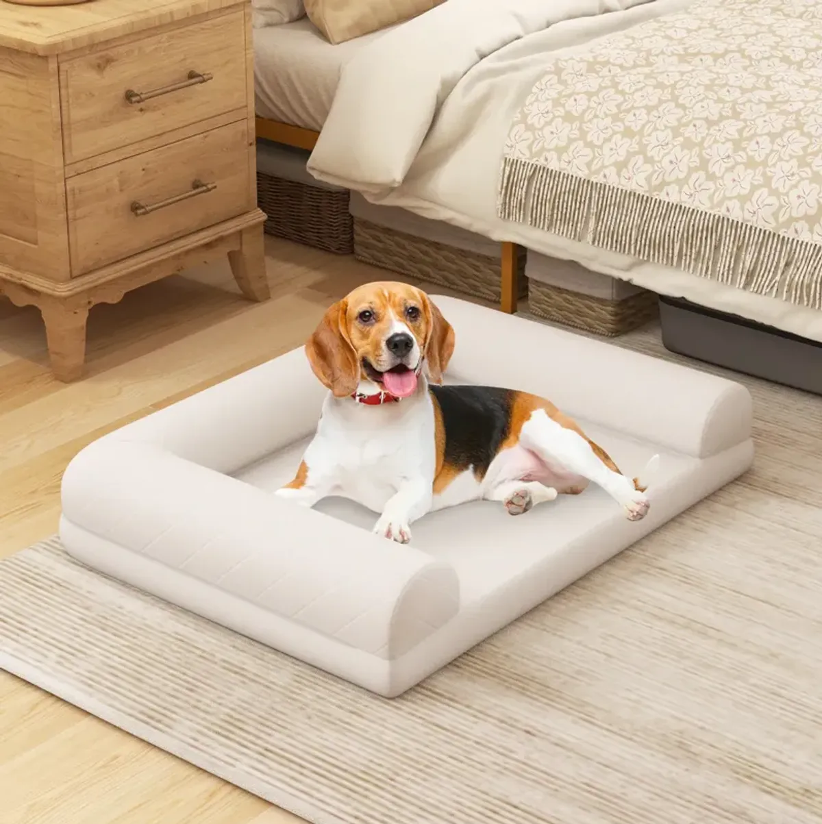 Egg-Foam Dog Crate Bed with 3-Side Bolster and Removable Washable Bed Cover