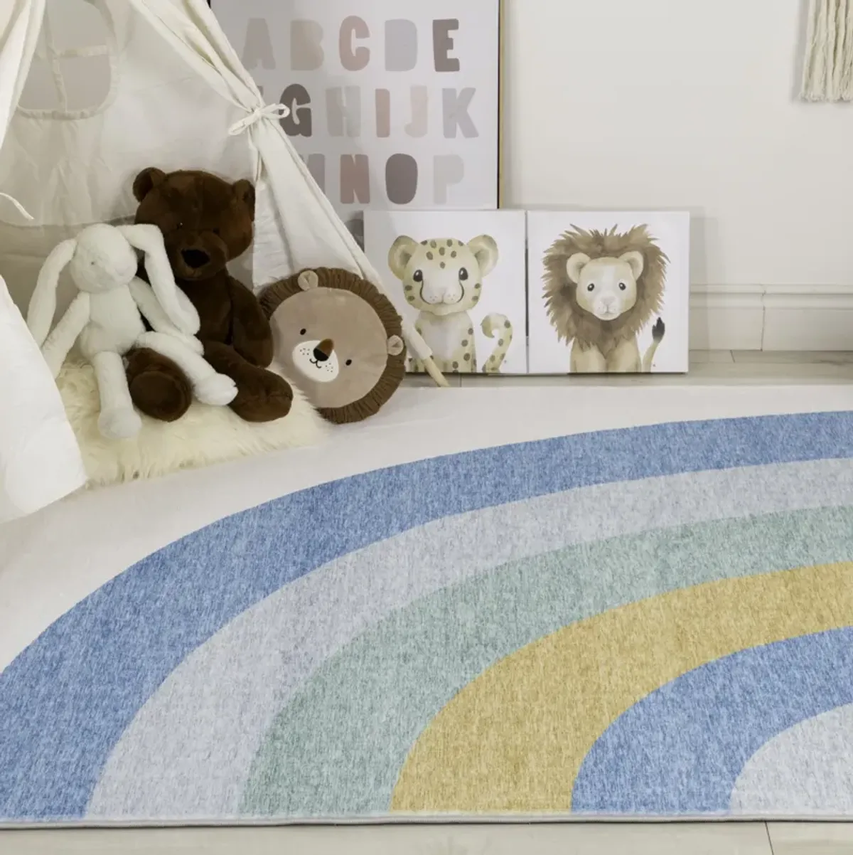 Soft Steps Playtime Rainbow Light Blue Ivory Soft Indoor Area Rug