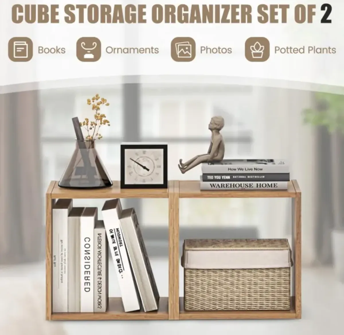 Hivvago 2 Cubes Stackable Bookcase for Living Room and Study-Natural