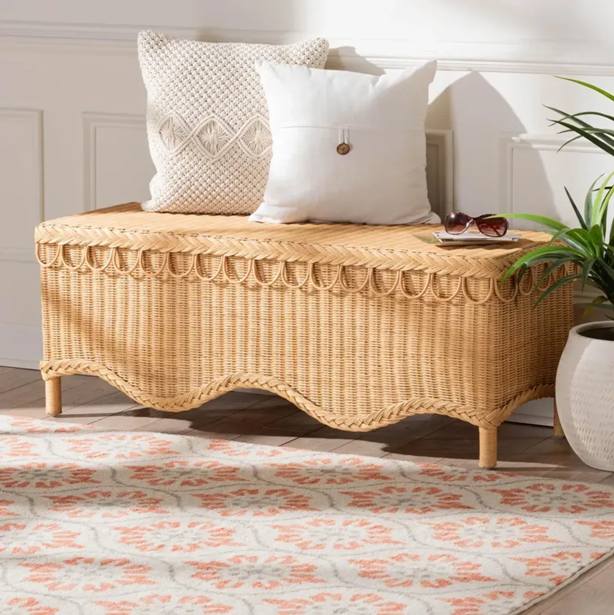 Bali & Pari Erla Bohemian Light Honey Rattan Accent Bench with Scallop border