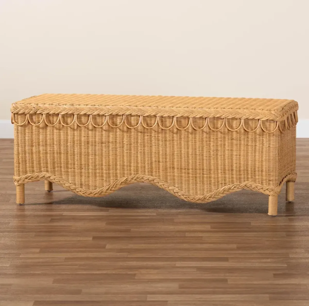 Bali & Pari Erla Bohemian Light Honey Rattan Accent Bench with Scallop border