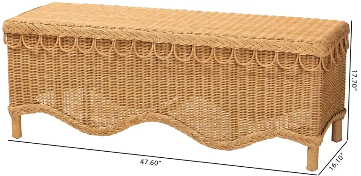 Bali & Pari Erla Bohemian Light Honey Rattan Accent Bench with Scallop border