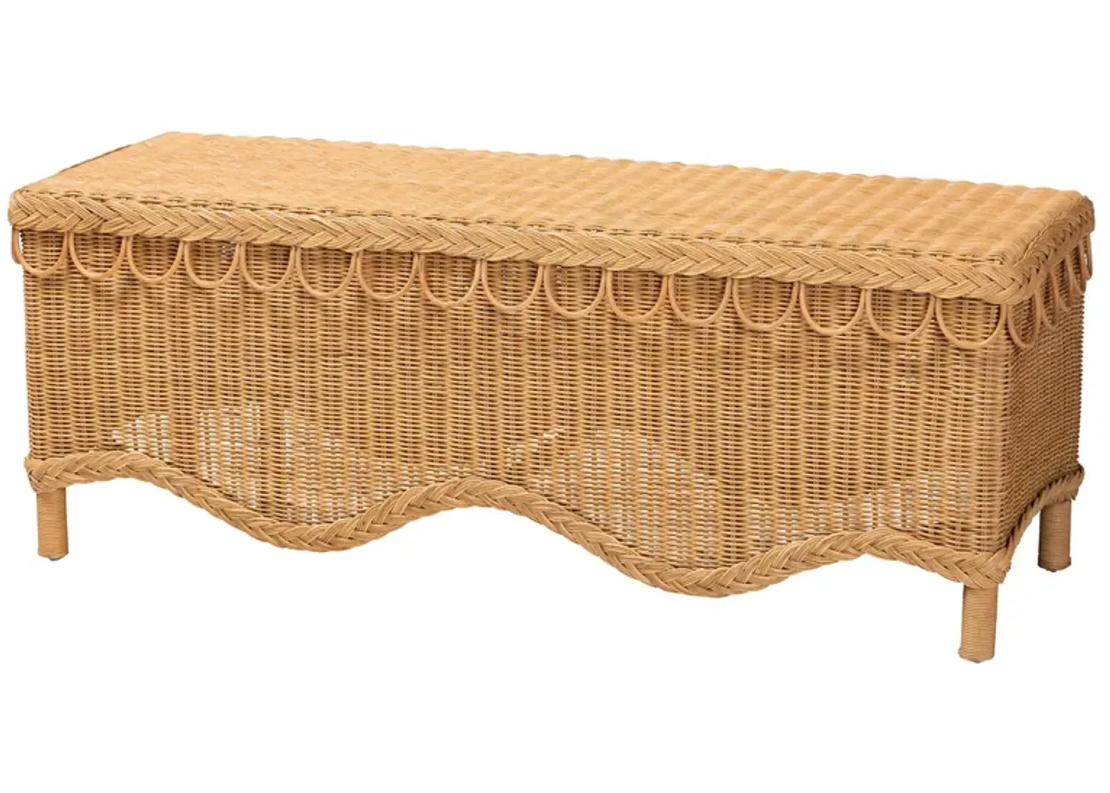 Bali & Pari Erla Bohemian Light Honey Rattan Accent Bench with Scallop border