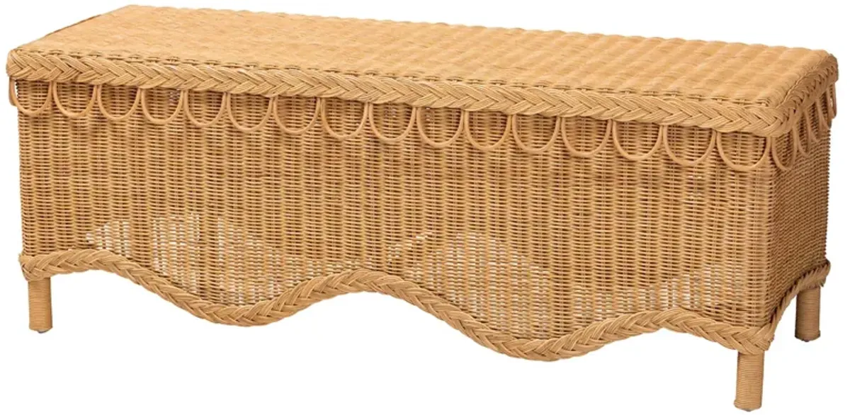 Bali & Pari Erla Bohemian Light Honey Rattan Accent Bench with Scallop border