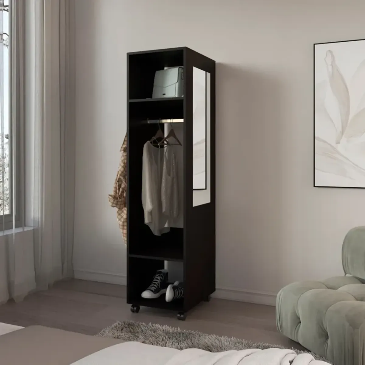 Cordova Armoire 63"H, with 3 Shelves, 1 Mirror, and 4 Wheels, White