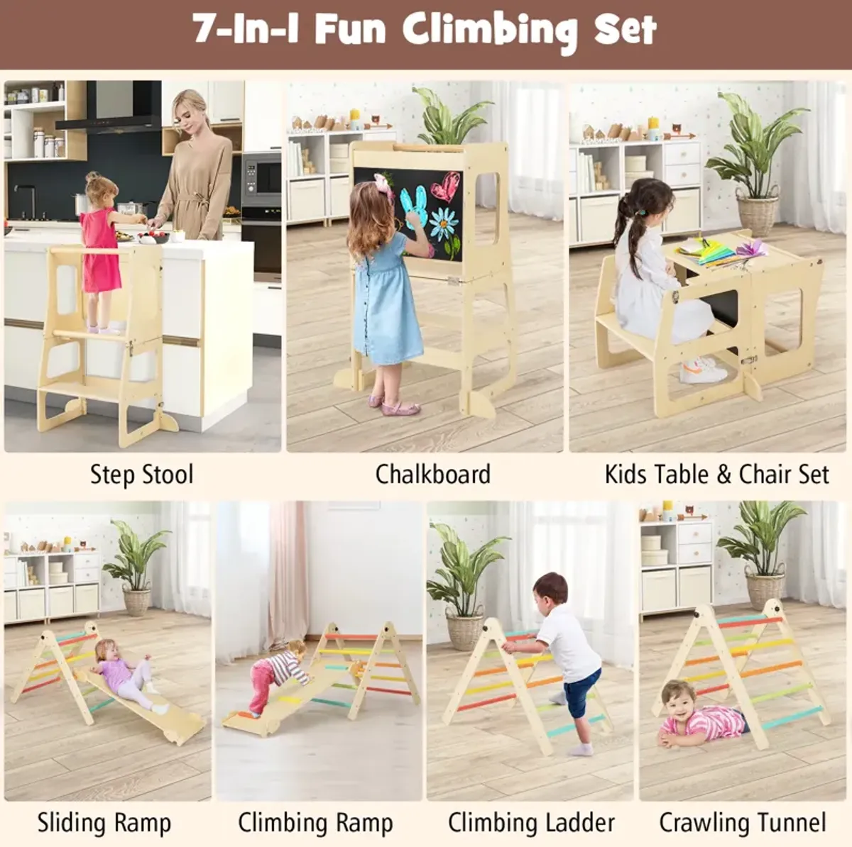 7-in-1 Toddler Climbing Toy Connected Table and Chair Set for Boys and Girls Aged 3-14 Years Old