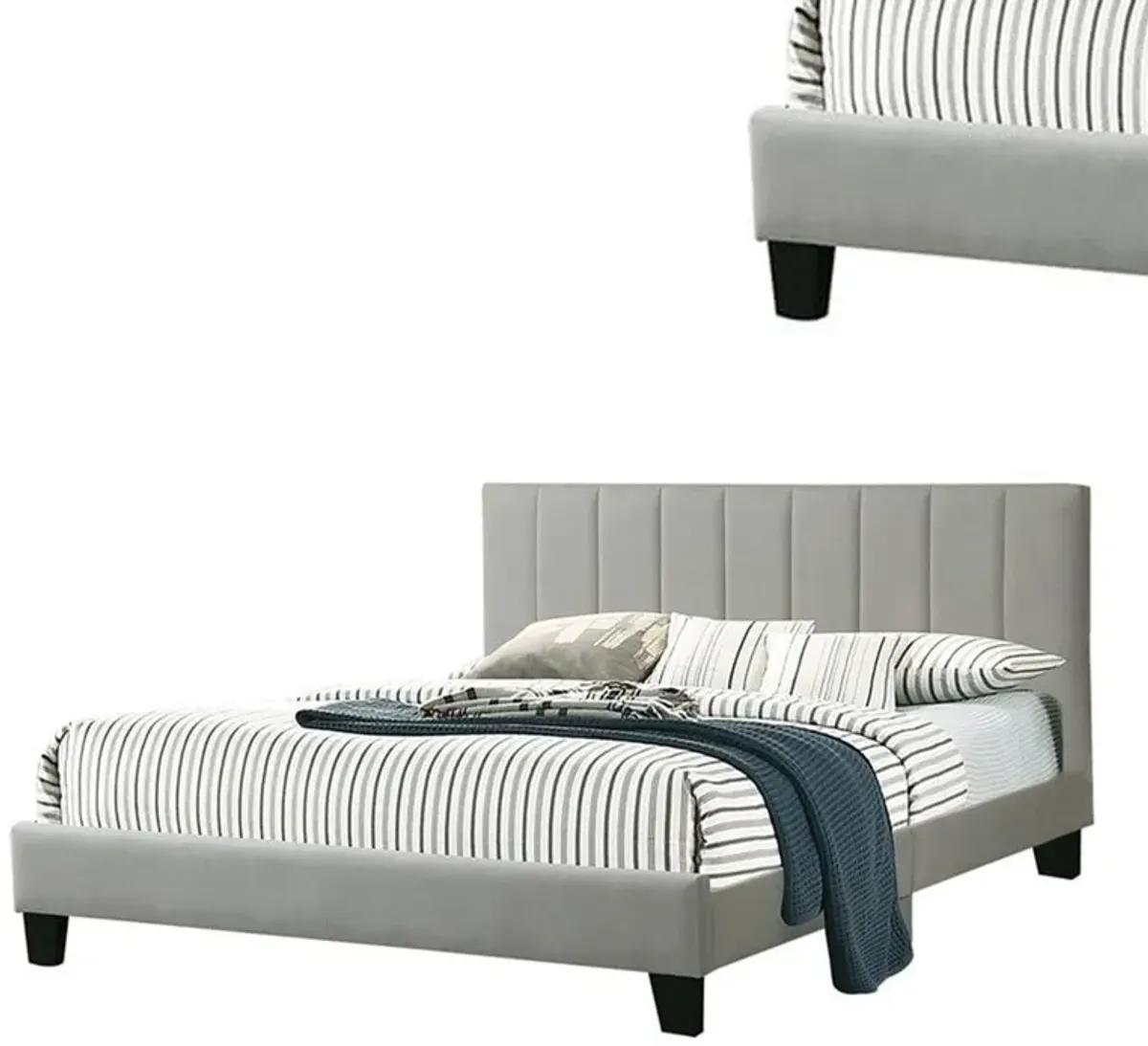 Eve Platform California King Bed, Deep Channel Tufted Light Gray Upholstery - Benzara