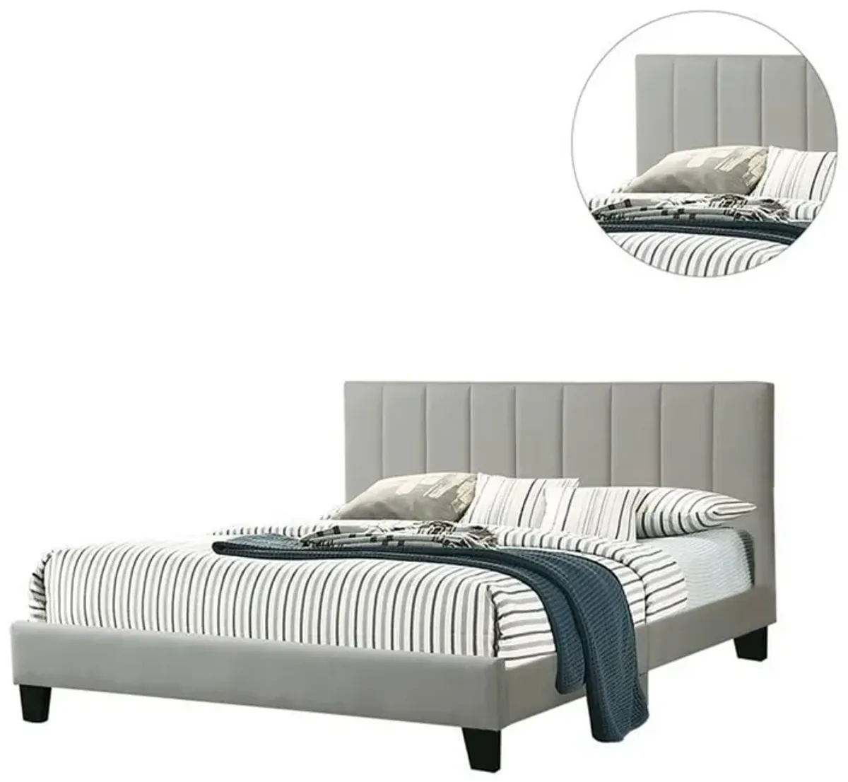 Eve Platform California King Bed, Deep Channel Tufted Light Gray Upholstery - Benzara