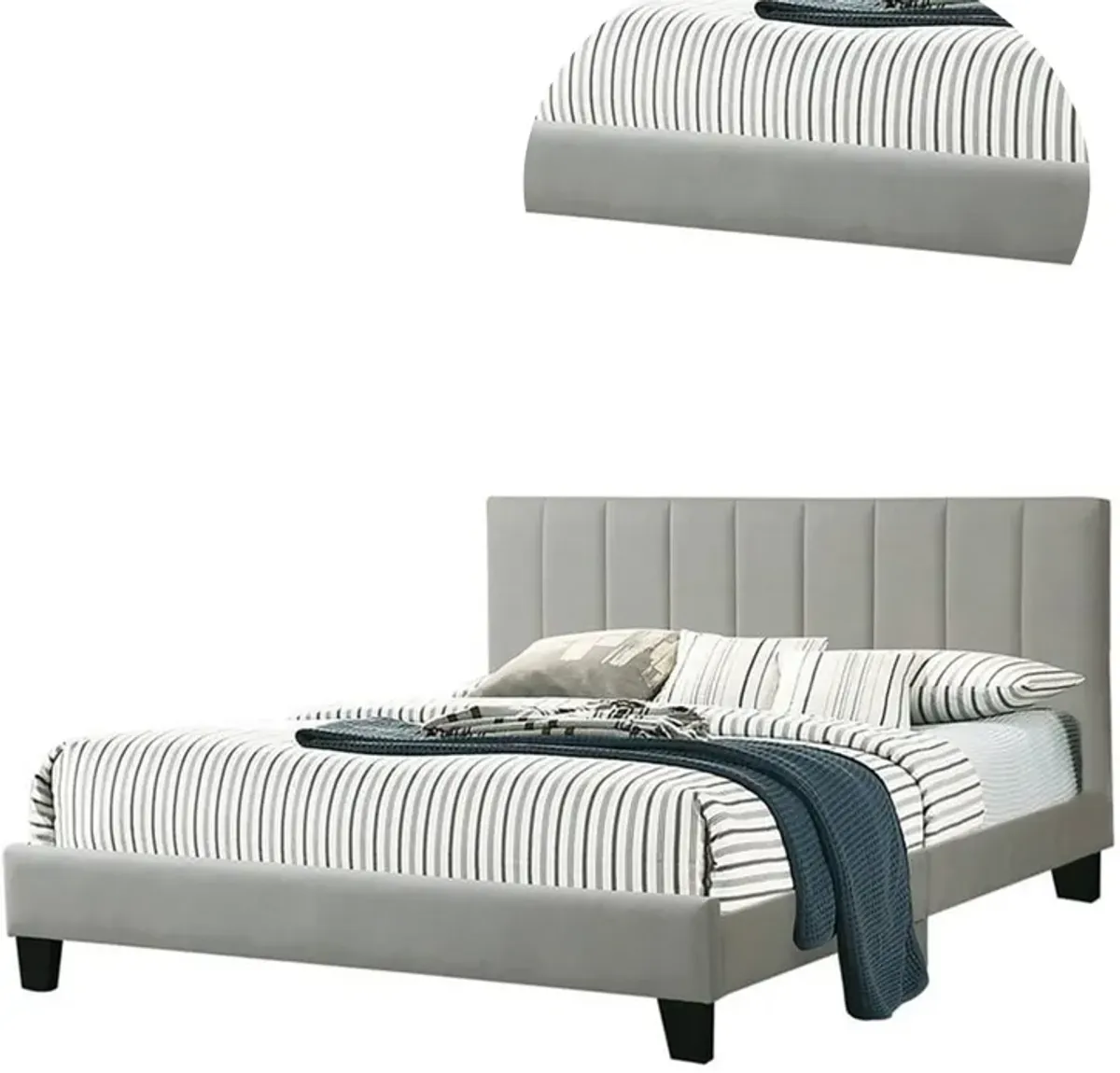 Eve Platform California King Bed, Deep Channel Tufted Light Gray Upholstery - Benzara