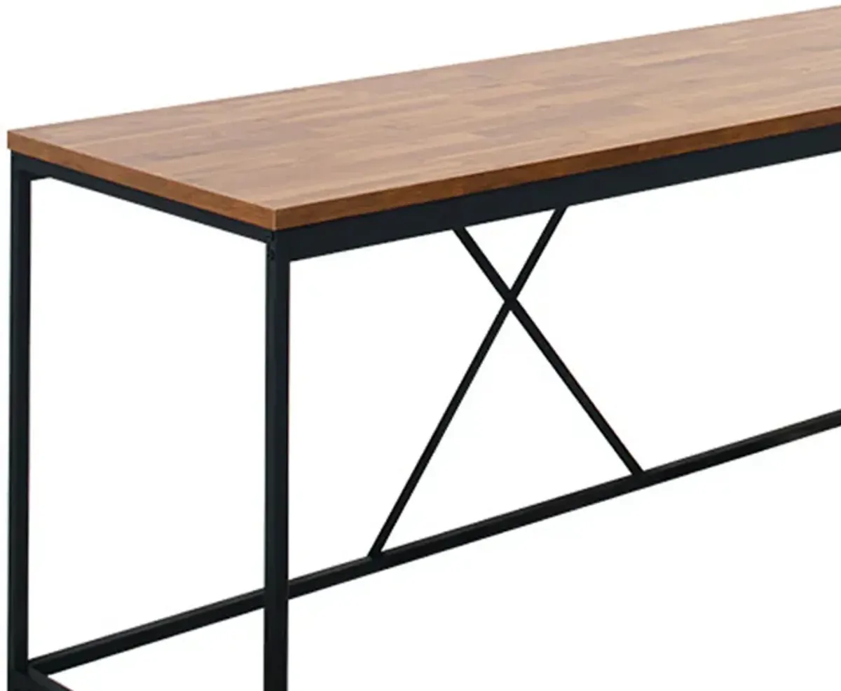 Posy Corner Desk, L Shaped Black Metal Frame, X Crossed, Oak Brown Wood Top - Benzara