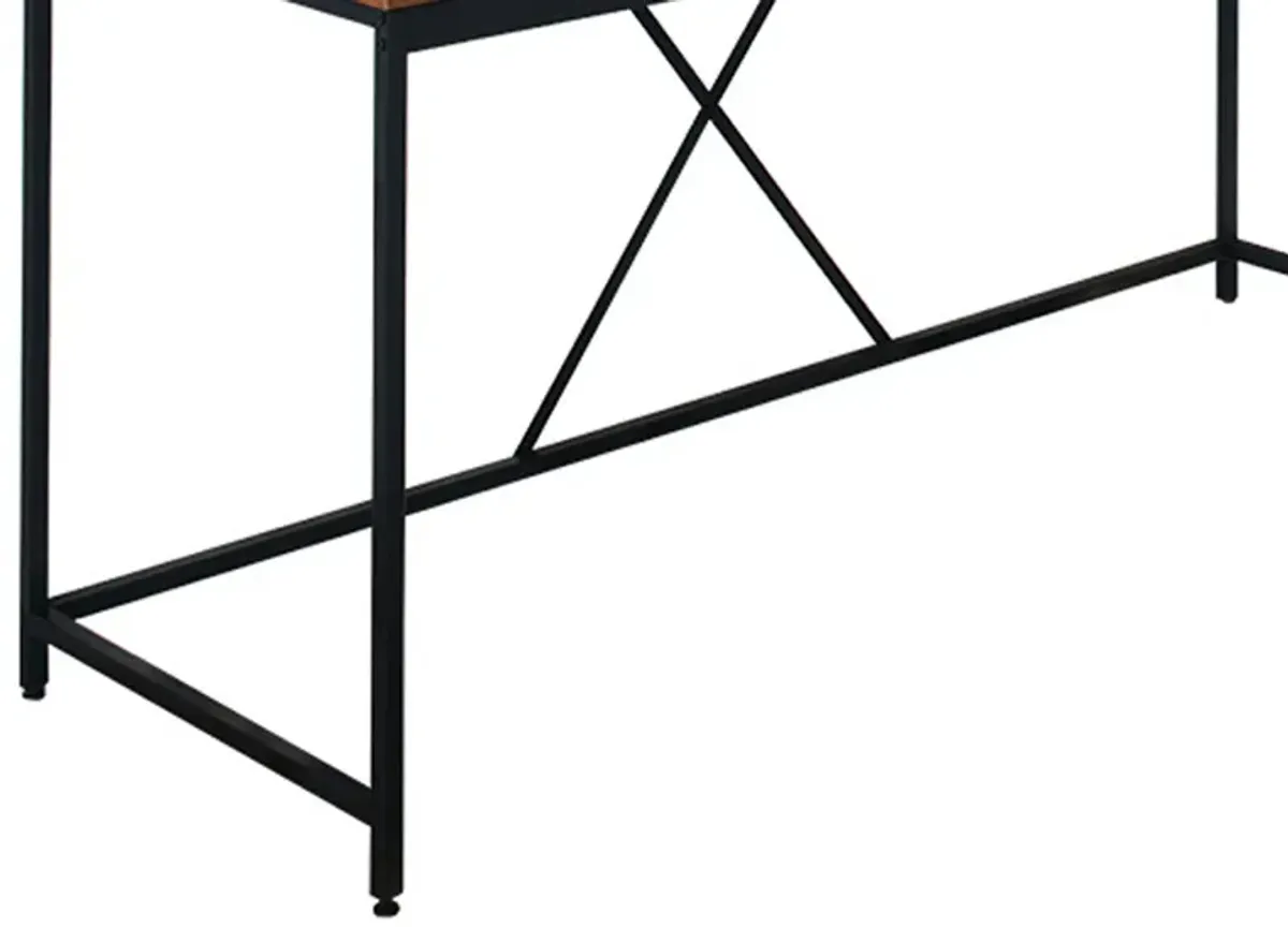 Posy Corner Desk, L Shaped Black Metal Frame, X Crossed, Oak Brown Wood Top - Benzara