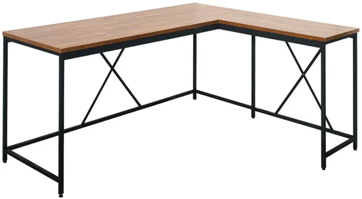 Posy Corner Desk, L Shaped Black Metal Frame, X Crossed, Oak Brown Wood Top - Benzara