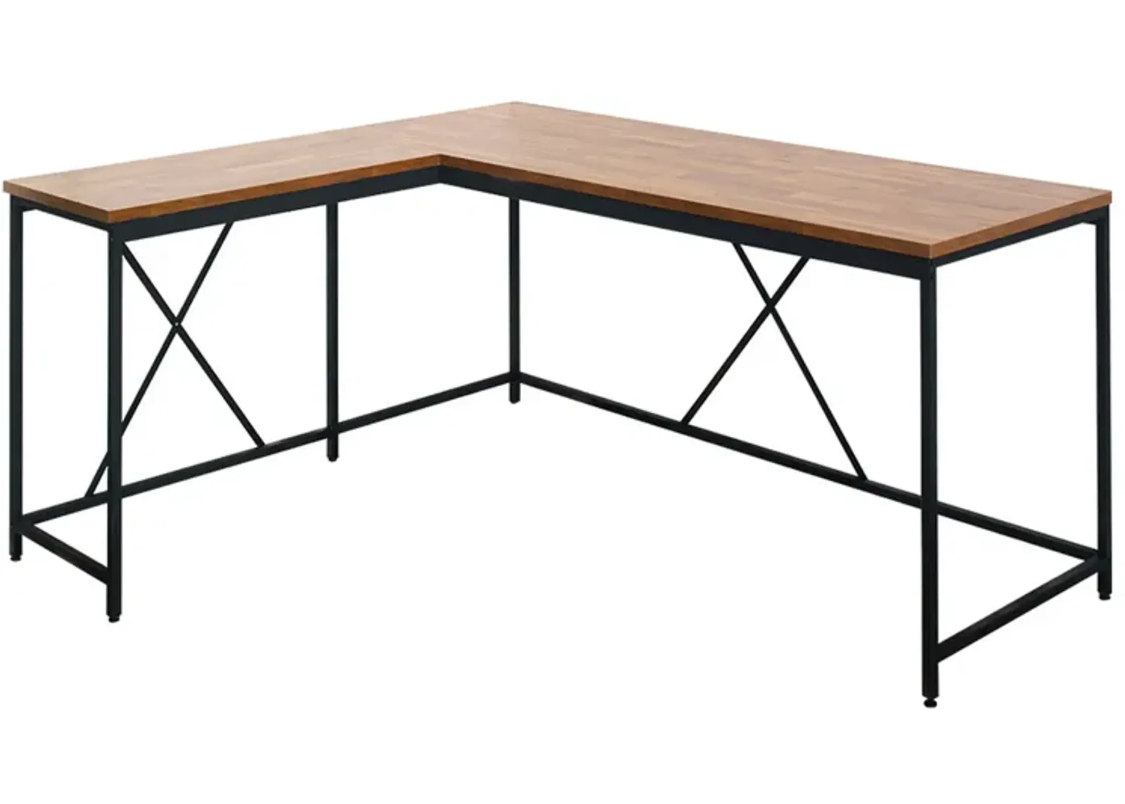 Posy Corner Desk, L Shaped Black Metal Frame, X Crossed, Oak Brown Wood Top - Benzara