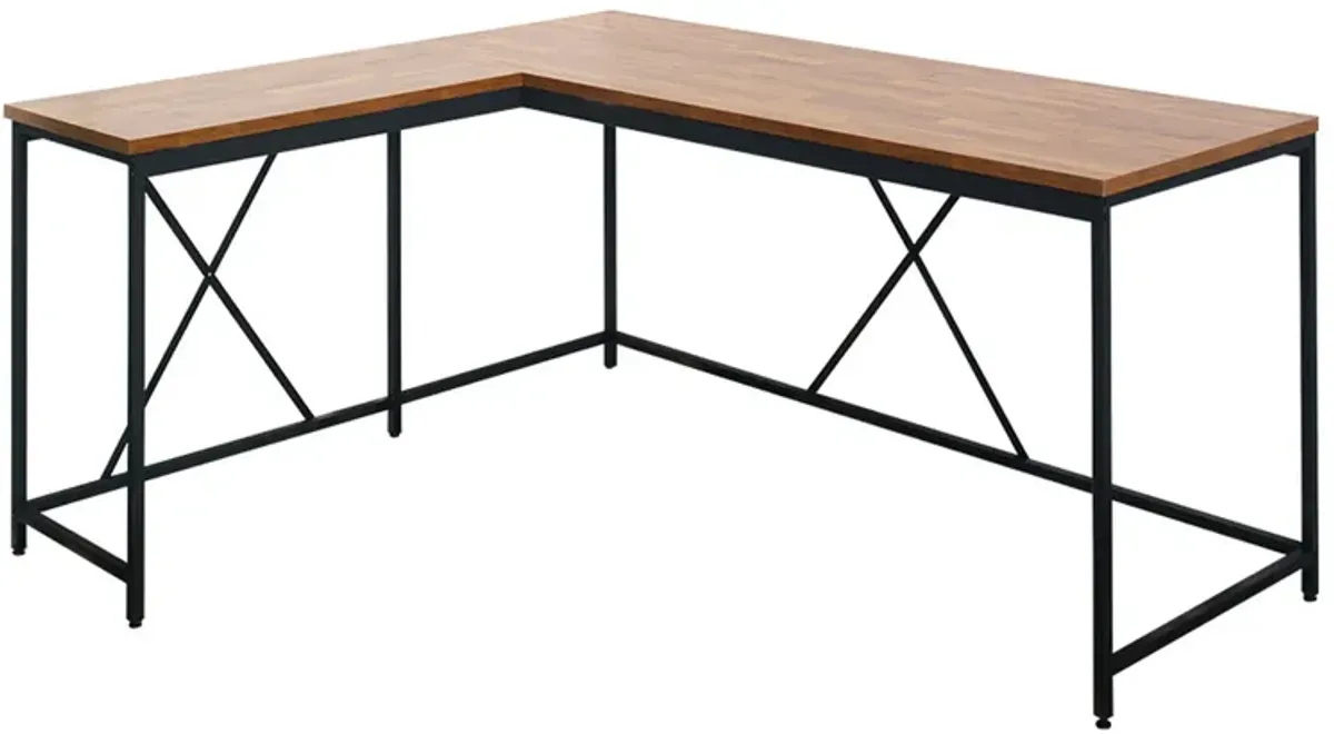 Posy Corner Desk, L Shaped Black Metal Frame, X Crossed, Oak Brown Wood Top - Benzara