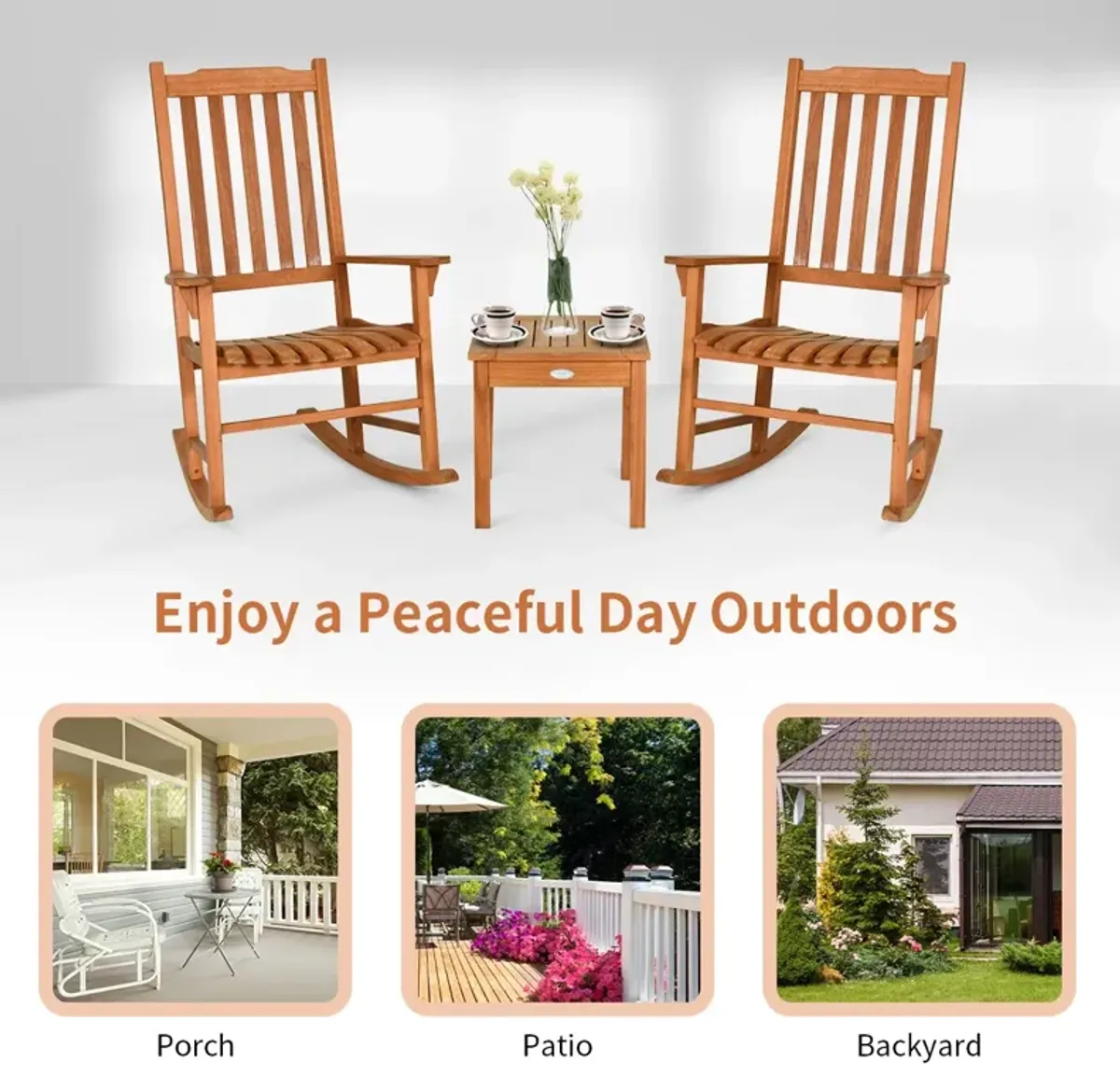 3 Pieces Eucalyptus Rocking Chair Set with Coffee Table