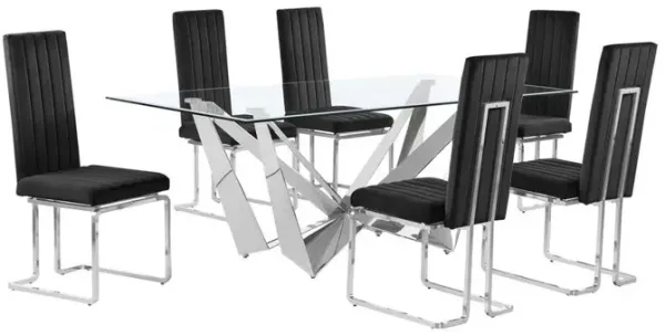 7pc Small(78") glass dining set with silver base and 6 Black side chairs