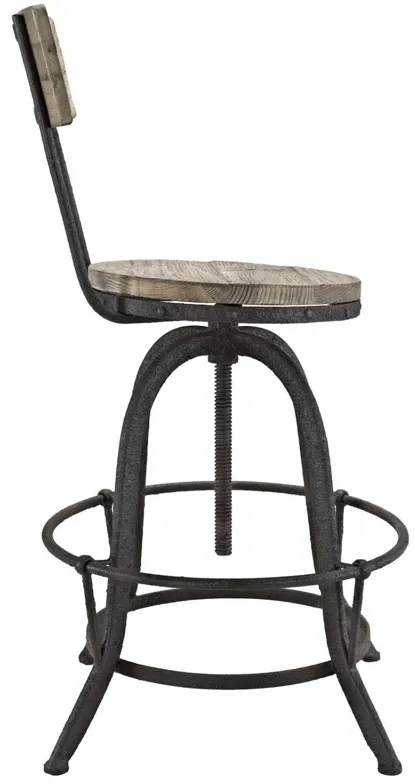 Modway Procure Industrial Modern Wood and Iron Adjustable Height Swivel Bar Stool in Brown