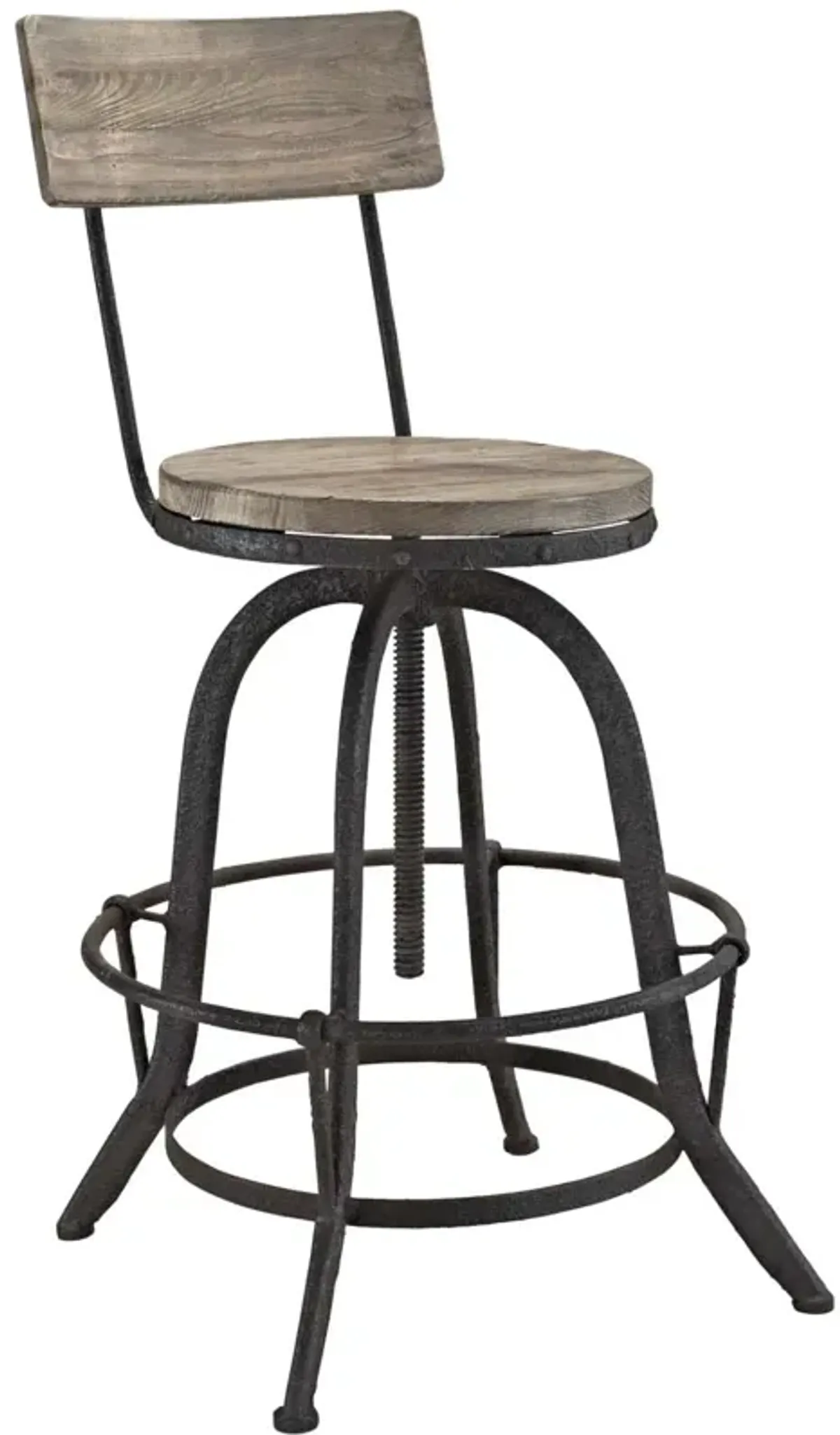 Modway Procure Industrial Modern Wood and Iron Adjustable Height Swivel Bar Stool in Brown