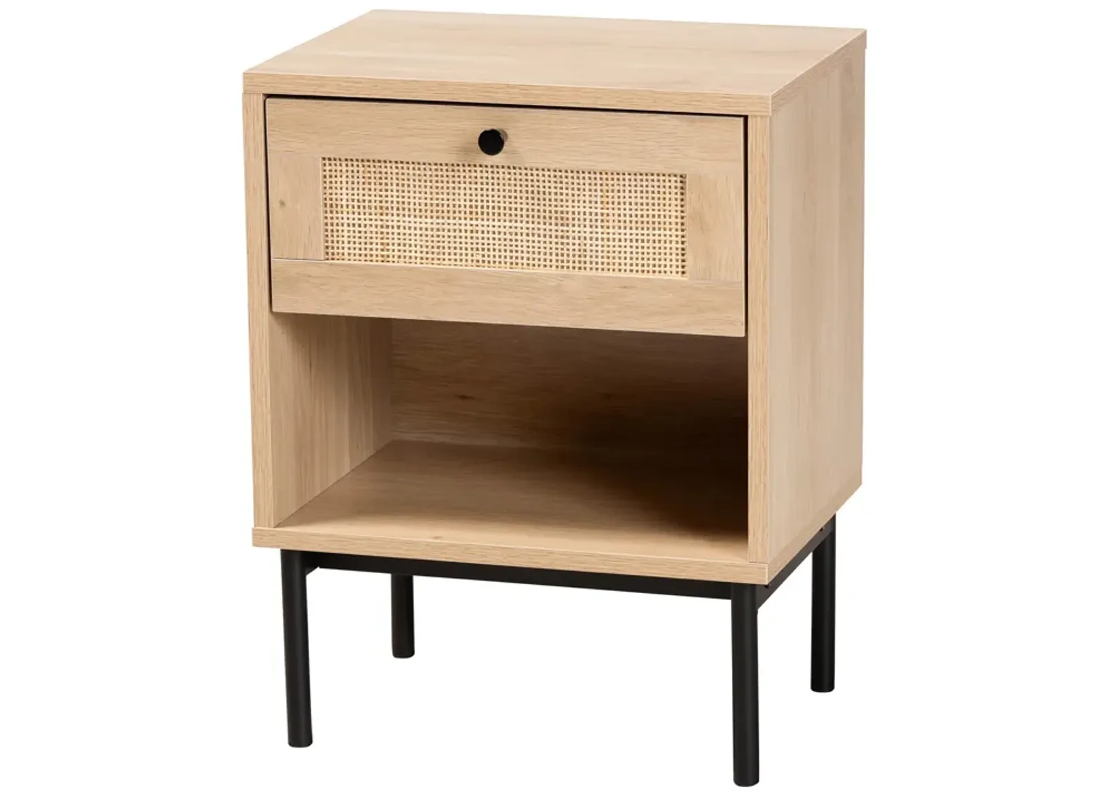 Baxton Studio Sherwin  Light Brown and Black 1 Drawer End Table with Woven Rattan Accent