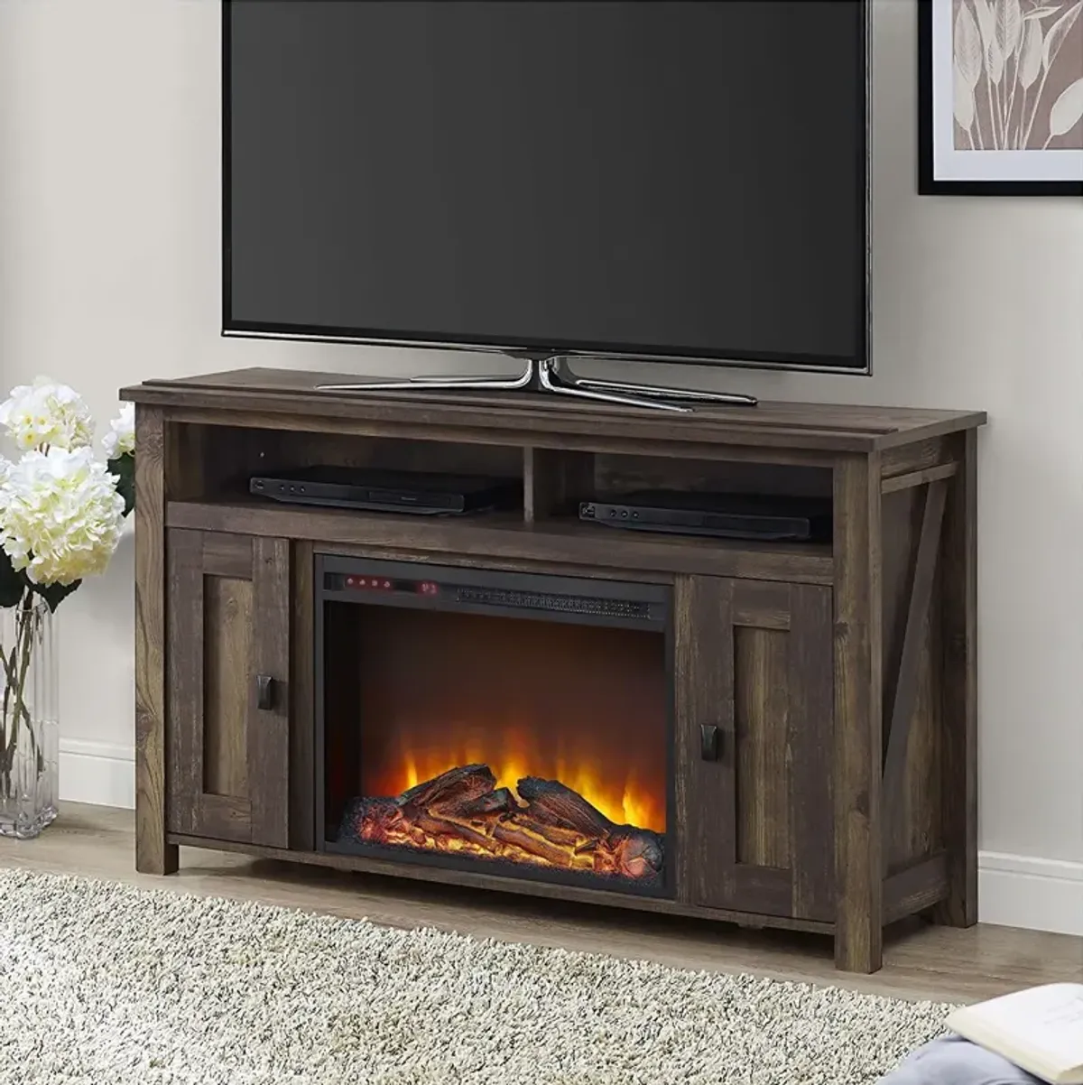 Rustic Wood TV Stand with 1,500 Watt Electric Fireplace & Adjustable Shelves
