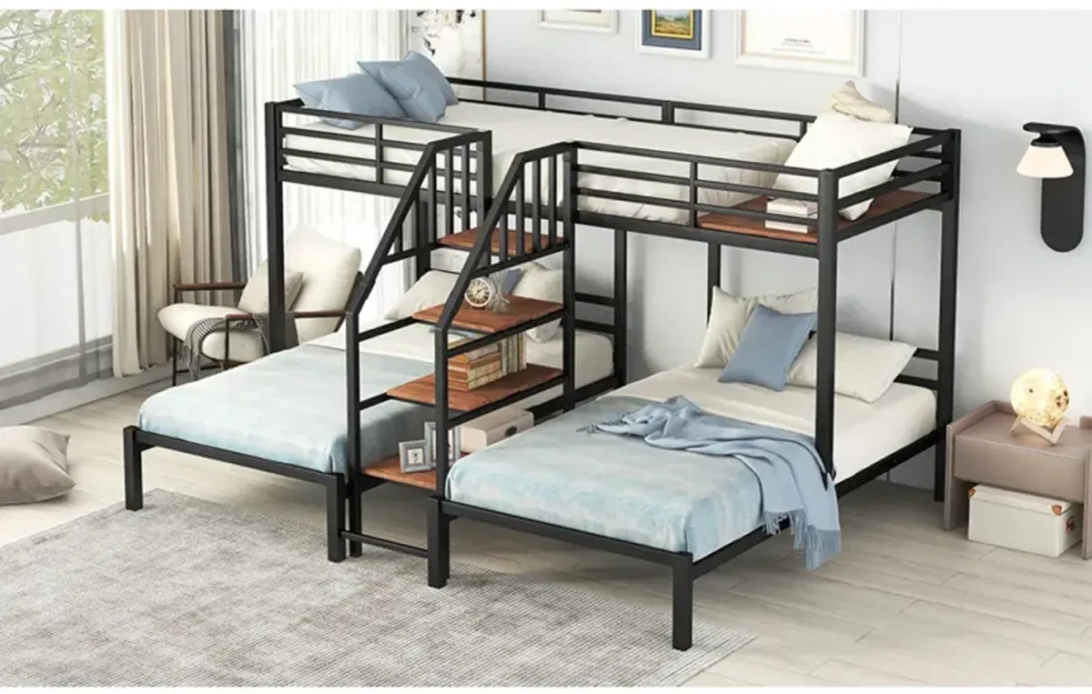 Metal Twin Over Twin & Twin Bunk Bed, Triple Bunk Bed With Storage Shelves Staircase