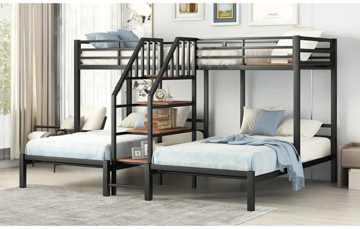 Metal Twin Over Twin & Twin Bunk Bed, Triple Bunk Bed With Storage Shelves Staircase