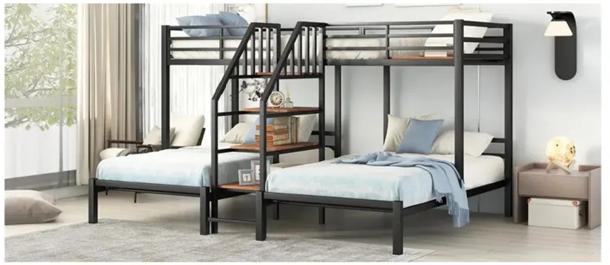 Metal Twin Over Twin & Twin Bunk Bed, Triple Bunk Bed With Storage Shelves Staircase