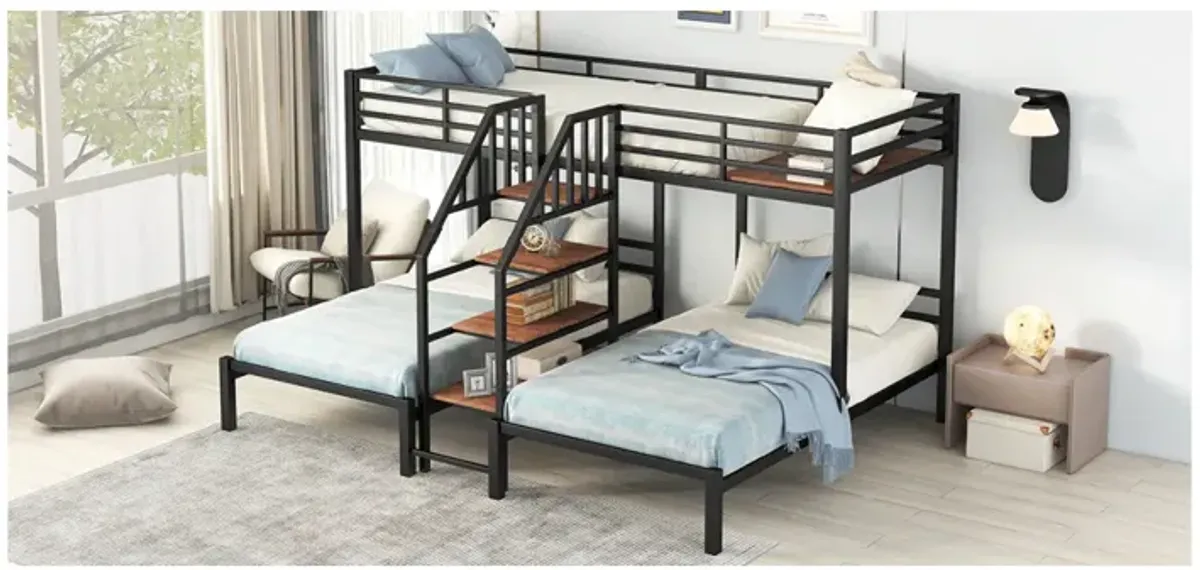 Metal Twin Over Twin & Twin Bunk Bed, Triple Bunk Bed With Storage Shelves Staircase