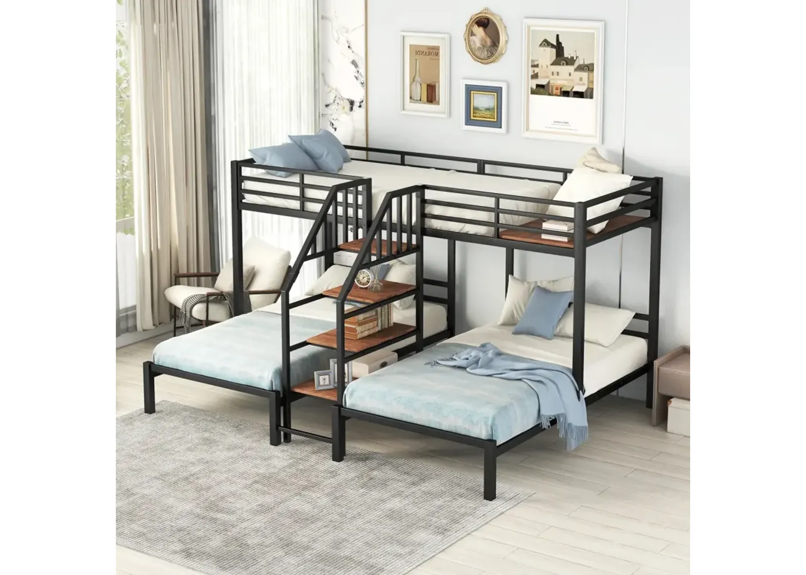 Metal Twin Over Twin & Twin Bunk Bed, Triple Bunk Bed With Storage Shelves Staircase