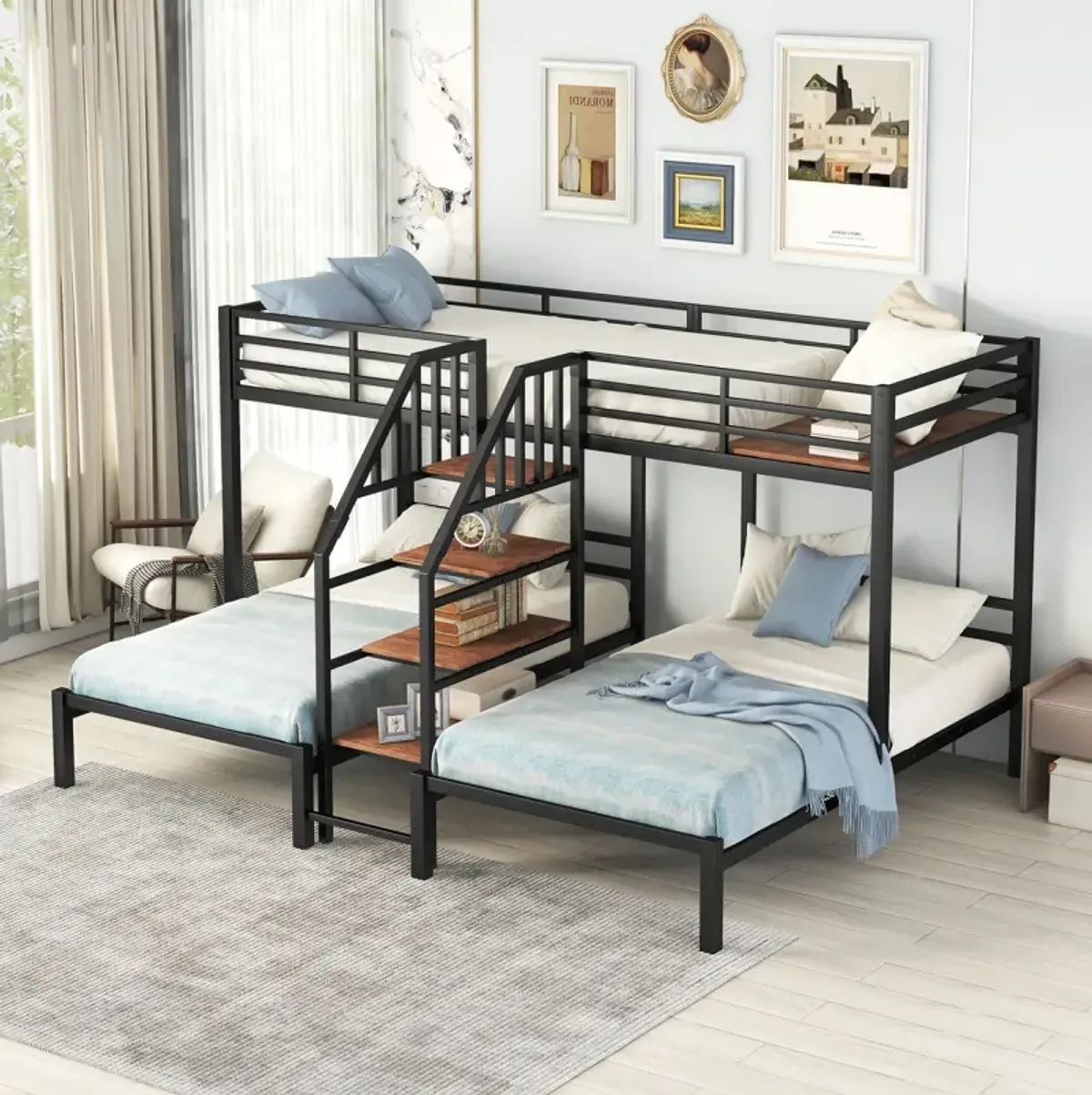 Metal Twin Over Twin & Twin Bunk Bed, Triple Bunk Bed With Storage Shelves Staircase