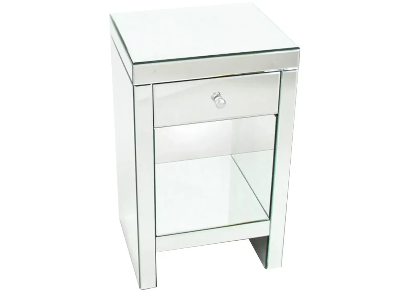 26 Inch Beveled Mirror Chest with 1 Drawer, Silver-Benzara