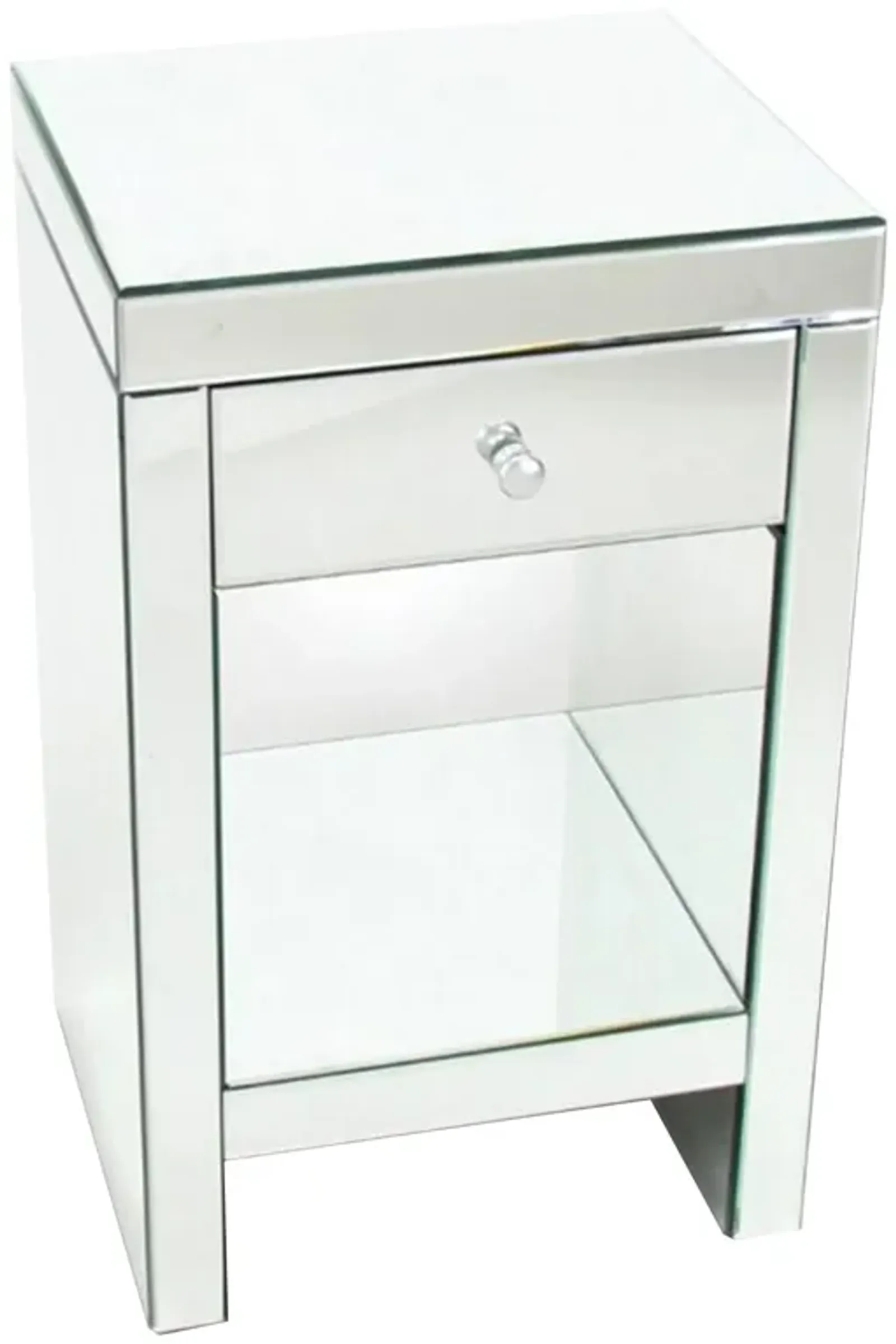 26 Inch Beveled Mirror Chest with 1 Drawer, Silver-Benzara