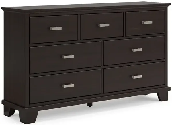 Teno Wide Dresser, 7 Drawers Nickel Handles, Dark Brown Solid Hardwood - Benzara
