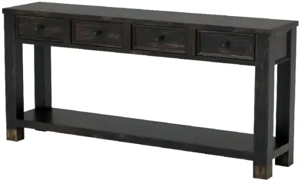 Sofa Table with 4 Drawers and Thick Block Legs, Antique Black-Benzara