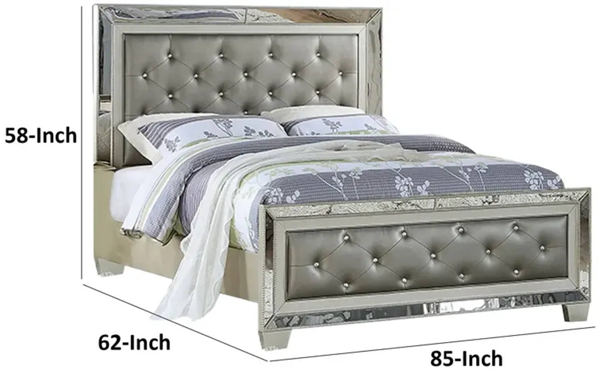 Reva Queen Bed, Mirror Inlaid, Button Tufted Gray Faux Leather Upholstery - Benzara