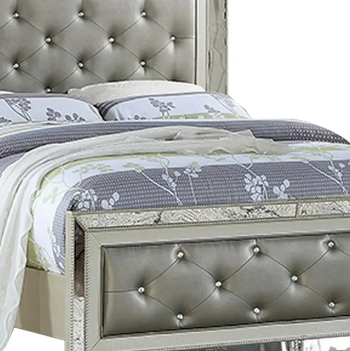 Reva Queen Bed, Mirror Inlaid, Button Tufted Gray Faux Leather Upholstery - Benzara