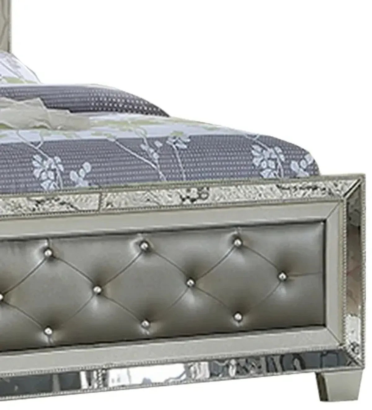 Reva Queen Bed, Mirror Inlaid, Button Tufted Gray Faux Leather Upholstery - Benzara