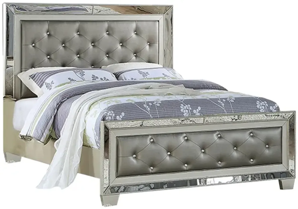 Reva Queen Bed, Mirror Inlaid, Button Tufted Gray Faux Leather Upholstery - Benzara