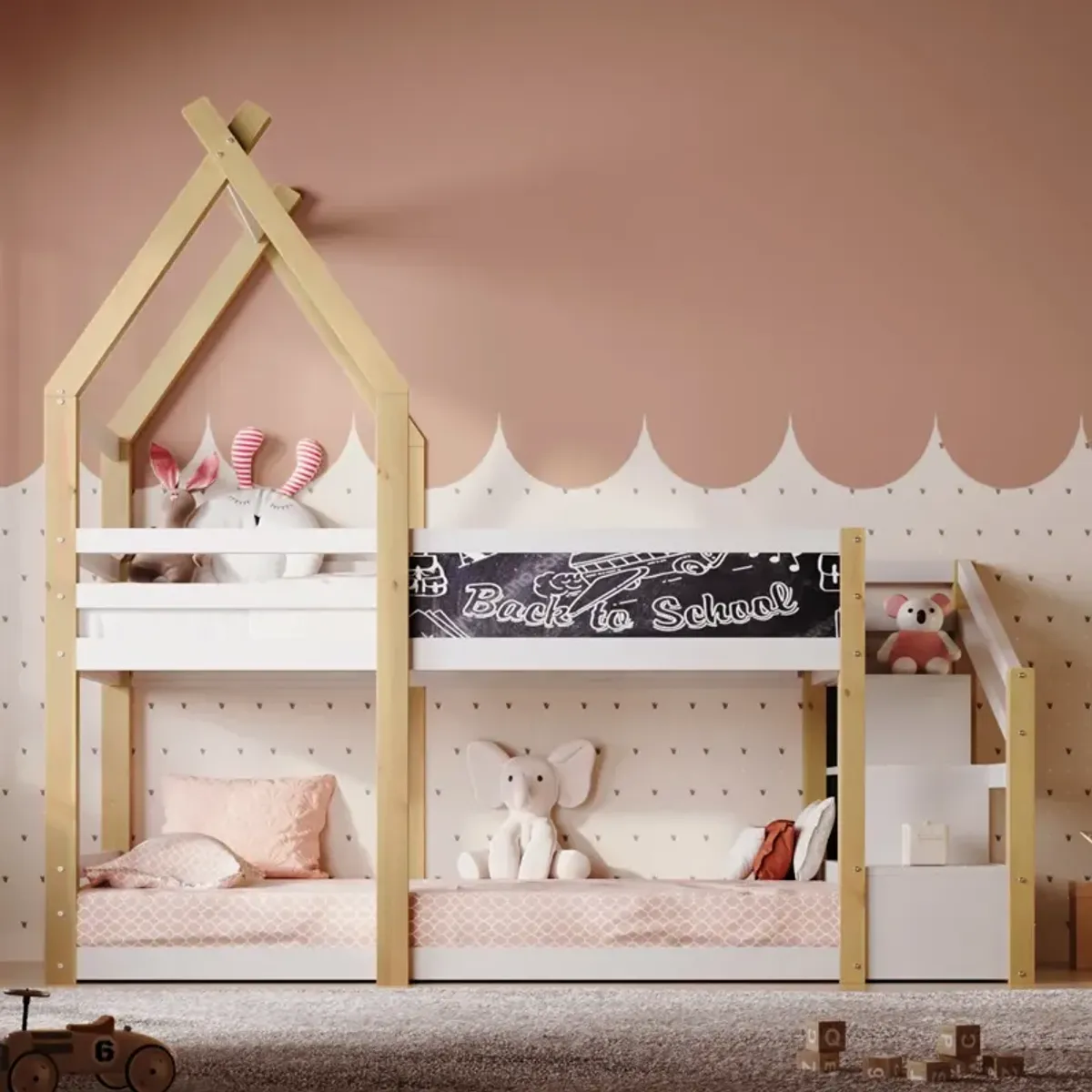 Twin Over Twin House Bunk Bed With White Storage Staircase And Blackboard, White And Natural