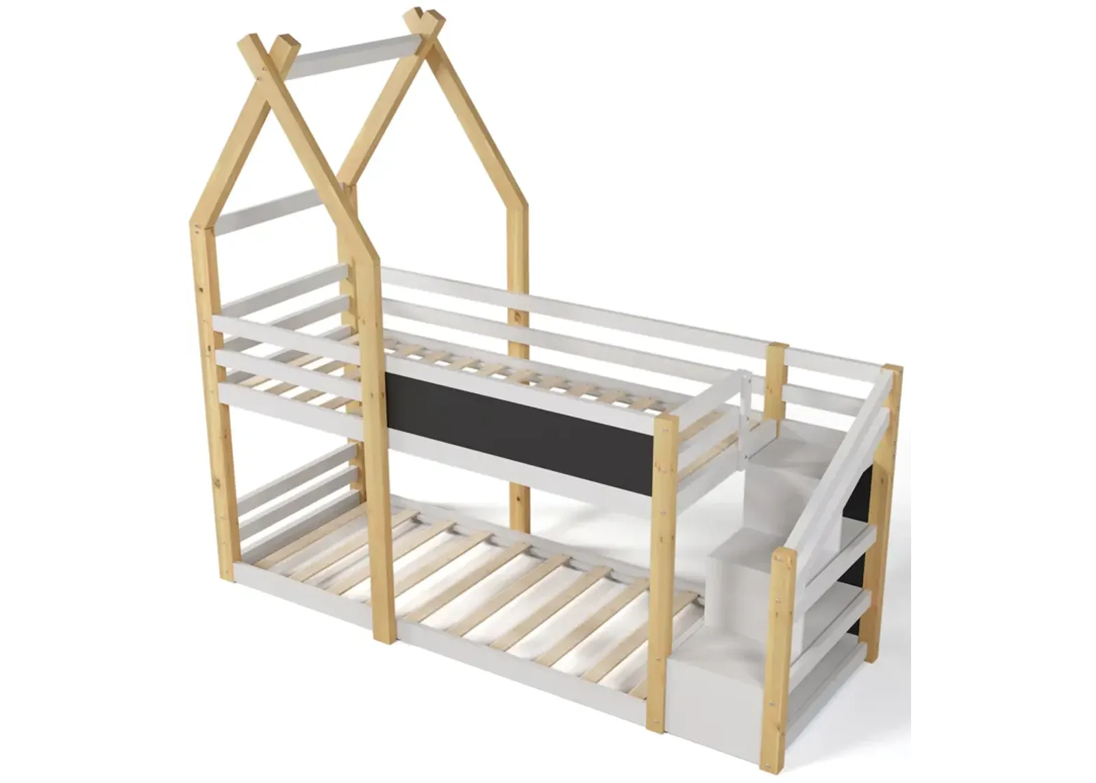 Twin Over Twin House Bunk Bed With White Storage Staircase And Blackboard, White And Natural