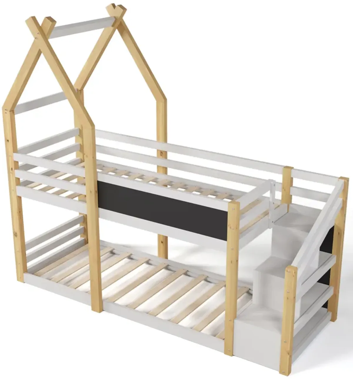 Twin Over Twin House Bunk Bed With White Storage Staircase And Blackboard, White And Natural