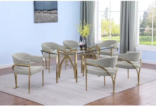 Best Quality Furniture 7Pc Tempered Glass Dining Table Set With 6 Rich Gray With Matte Gold Side Chairs