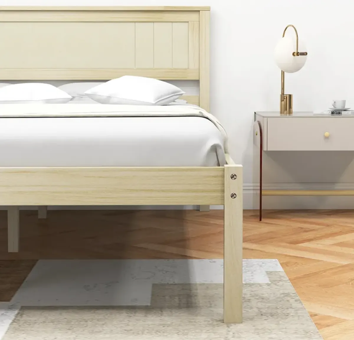 Wooden Bed Frame with Headboard and Slat Support